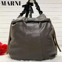 【良品】マルニ ワンショルダーバッグ ビジュー付き 巾着 レザー ダークブラウン