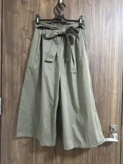 ロペピクニック リボン付きワイドパンツ クロップド カーキ 無地 36