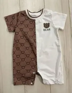 ベビー服クマプリントのロンパース ブラウン ホワイト
