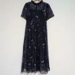 蝶々柄　シフォンワンピース 　紺　M　LVENZSE