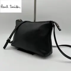 【美品】 ポールスミス レザー ショルダーバッグ ストライプ ロゴ 大容量 黒