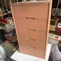 レトロ　ピンク色 5段 木製チェスト