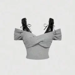 夏用グレーオープンショルダーレースパッチワークレトロ可愛いTシャツ