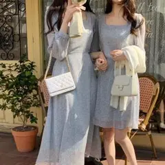 attrangsフラワーシフォンワンピース ロングワンピ 韓国 スカイブルー