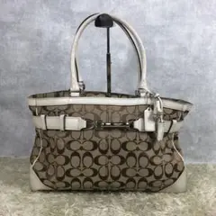 コーチ ハンドバッグ シグネチャー キャンバス レザー ホワイト ブラウン