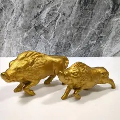 鋳物 鋳鉄製 金色のイノシシの置物 夫婦2体セット