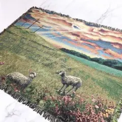 十字架　羊　風景画　マルチカバー　ソファーカバー　ヴィンテージラグ