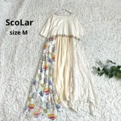 美品⁂スカラー⁂ロングワンピース　異素材切り替え　レース　プリーツ　猫　蝶　花