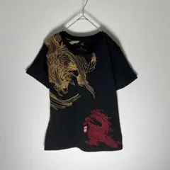両面刺繍デザイン ドラゴン 鳳凰 半袖Tシャツ 黒 XL