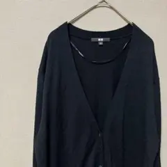 ユニクロ　ロングカーディガン(L)シンプルブラック無地　Ｖネック　ポケットあり