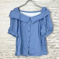訳あり大セール❣️ING NI オフショル シャツ風ブラウス M 青 ストライプ
