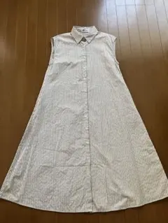 ストライプ ノースリーブ シャツワンピース　ベージュ×白
