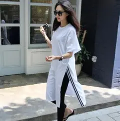 ロングＴシャツ Tシャツ スリット ワンピース 両サイドスリット サイドライン