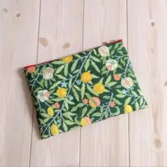 ウィリアムモリス　フラットポーチ　ハンドメイド　フルーツ　グリーン　　237