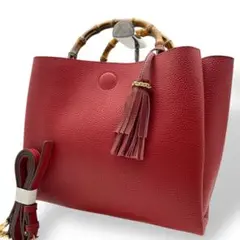美品 ロペ ROPE' ハンドバッグ 2way レザー レッド バンブーハンドル