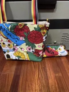手ぬぐいリメイク　花札　トートバッグ＆がま口ポーチセット