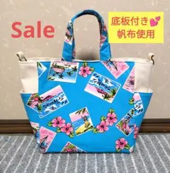 ハワイアンフラ＆サーフ(turquoise-blue)サイドポケットトートバッグ