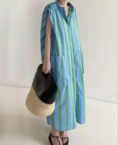 abeille シャツワンピース　ブルー×グリーン