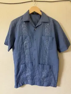 キューバシャツ　ブルー　Sサイズ　開襟シャツ