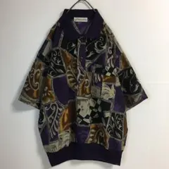 90s 韓国古着 ジオヴィンティックアート リブ襟プルオーバーシャツ メンズL
