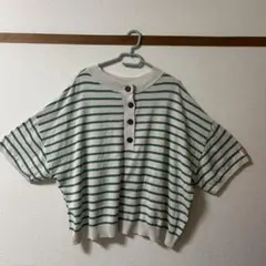 ホワイト/グリーン ストライプ 五分袖ニット