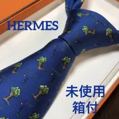 未使用 箱付 HERMES エルメス ネクタイ 紺・緑 樹木 おしゃれ