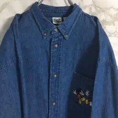 ディズニー　ミッキーマウス　ドナルド　ワンポイント刺繍　デニムシャツ　青色　Ｌ