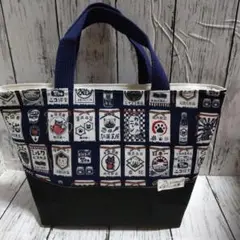 ハンドメイド☆トートバッグ(レトロ前掛猫柄紺と黒)