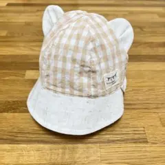 42cm　ベビー帽子　クマ耳　チェック　日よけ付き