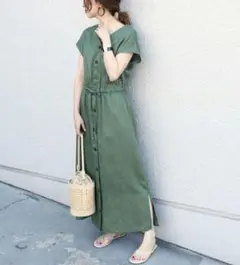 極美品✨定価１.７万❤️　麻　緑　2WAYテレデランリネンVネックワンピース◆