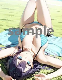 AI美女 アニメ イラスト A4ポスター 草原で寝そべる彼女@451