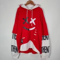 KENAIJING メンズ パーカー 赤 白 プリント ダメージ加工 派手2XL