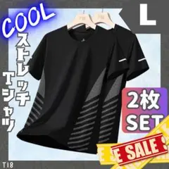 接触冷感 ストレッチ Tシャツ L 2枚 クルーネック 吸汗 涼感 ブラック