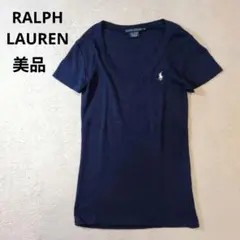 ラルフローレン 胸刺繍ロゴ Vネック 半袖Tシャツ 紺 ネイビー 色落少 美品