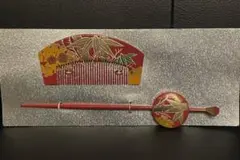 未使用 櫛かんざし 松竹梅 金彩 赤