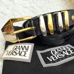 極美品　GIANNI VERSACE クロコ　メデューサ　4連　レザーベルト 黒 ラ メドゥーサ レザー ベルト ブラック | VERSACE JP