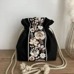 インド刺繍 巾着ショルダーバッグ