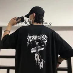 十字架 オーバーサイズ クロスプリント メンズ 2XL　黒 カットソー Tシャツ