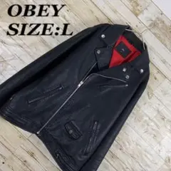 《Obey》オベイ バッチ ダブルレザージャケット ブラック おしゃれ 長袖 L