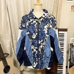 一点モノ級！ 青バラ柄 切り替えブルゾン ジャケット