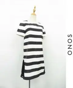Q114/美品 SONO ひざ丈ワンピース 半袖 ボーダー 生地切替 プリーツ