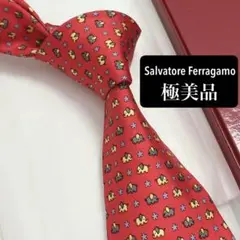 フェラガモ ネクタイ シルク 動物 アニマル 象 レッド かわいい 極美品