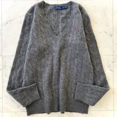 美品 ポロラルフローレン カシミヤ混 ケーブルニット Vネック グレー M