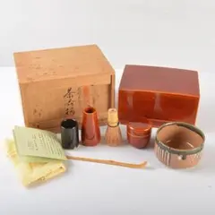 新品、春慶塗　茶箱　茶道具 茶器/茶道具 茶箱】 利休茶箱 春慶塗り 聡春作 三点セット付き