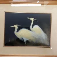 加治武　漆画沈金　白鷺の画 木製フレーム付き 桐箱入り 輪島市　漆絵 シミ有 加治武 漆画沈金 白鷺の画 木製フレーム付き 桐箱入り 輪島市 漆