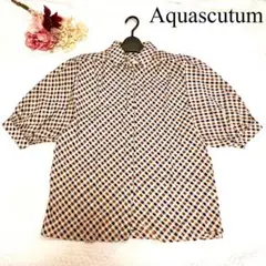 【美品】Aquascutum パフスリーブ チェック柄 半袖ブラウス