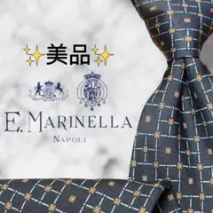 【美品】 マリネッラ ネクタイ 総柄 幾何学模様 濃紺色 茶色 水色 シルク