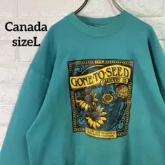 90s Canada製1993たんぽぽスウェット古着グリーン黄色花sizeL