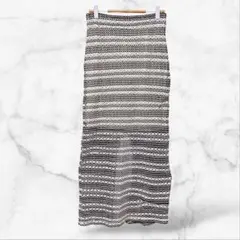 【Dazy】タイトロングスカート 刺繍レース ボーダー スリット(M)コットン混