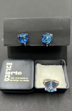 イタリア製 Murano ブルークリスタル イヤリング＆リング2点セット